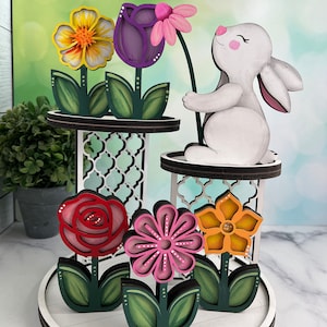 Chunky wooden bunny holding flower, hand painted shelf sitter, spring/Easter/nursery decor, sold individually image 2