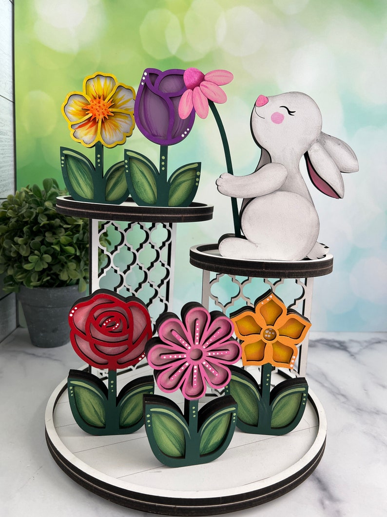 Chunky wooden bunny holding flower, hand painted shelf sitter, spring/Easter/nursery decor, sold individually image 2