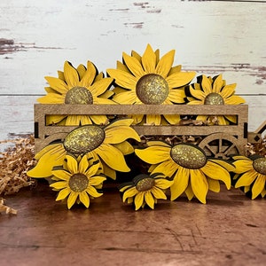 Sunflowers, free standing chunky wood, hand painted, tiered tray, summer shelf decor