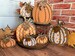 Wooden autumn pumpkin shelf sitter with cute fall print, stained wood accents and tied with jute twine and leaf, 4 sizes, 3 pattern styles 