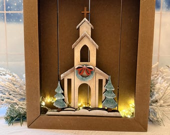 Country Church Shadowbox Insert  with Freestanding Base Options