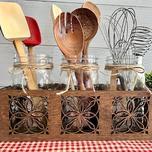 Wooden box caddy, 3 sections for mason jar, multipurpose tray, centerpiece, farmhouse style in 8 finish options