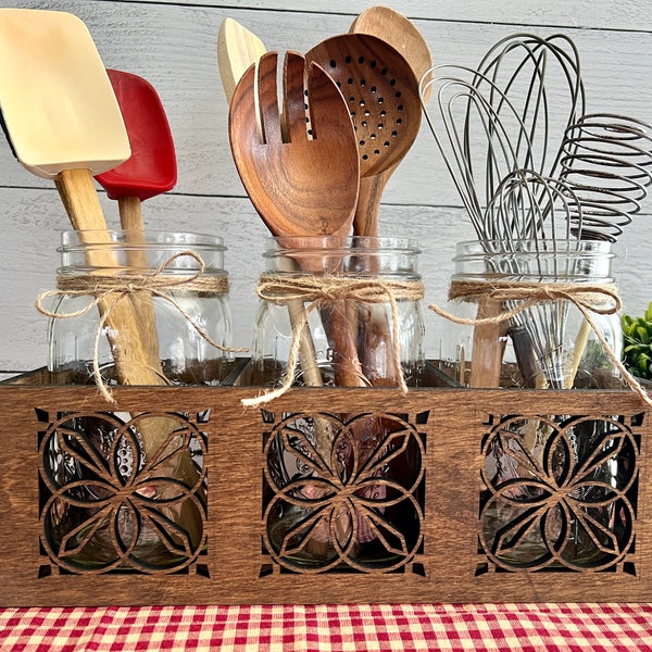 Wooden box caddy, 3 sections for mason jar, multipurpose tray, centerpiece, farmhouse style in 8 finish options