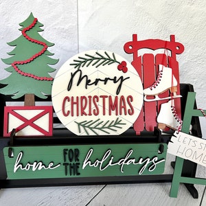 Merry Christmas interchangeable inserts for wagon, raised shelf, tiered tray, shiplap, ice skates, Christmas tree, sled, ladder