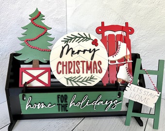 Merry Christmas interchangeable inserts for wagon, raised shelf, tiered tray, shiplap, ice skates, Christmas tree, sled, ladder