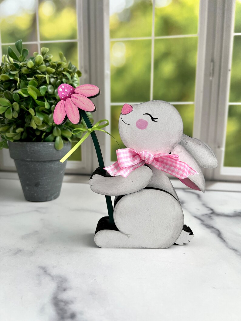 Chunky wooden bunny holding flower, hand painted shelf sitter, spring/Easter/nursery decor, sold individually image 4