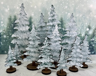 Snowy trees, laser cut wood, hand painted both sides, 5 sizes, for Christmas village, mantel decor