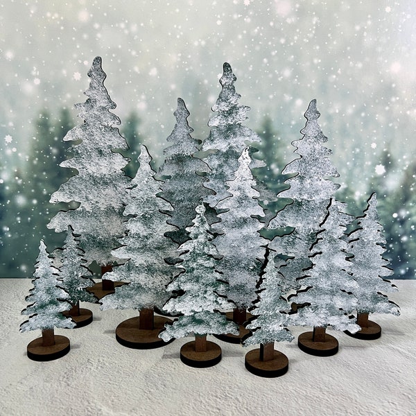 Snowy trees, laser cut wood, hand painted both sides, 5 sizes, for Christmas village, mantel decor