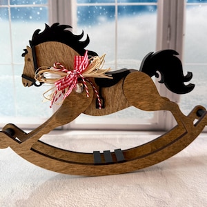 Decorative Wooden Rocking Horse – Farmhouse Christmas Shelf Sitter, Laser Cut Birch & MDF
