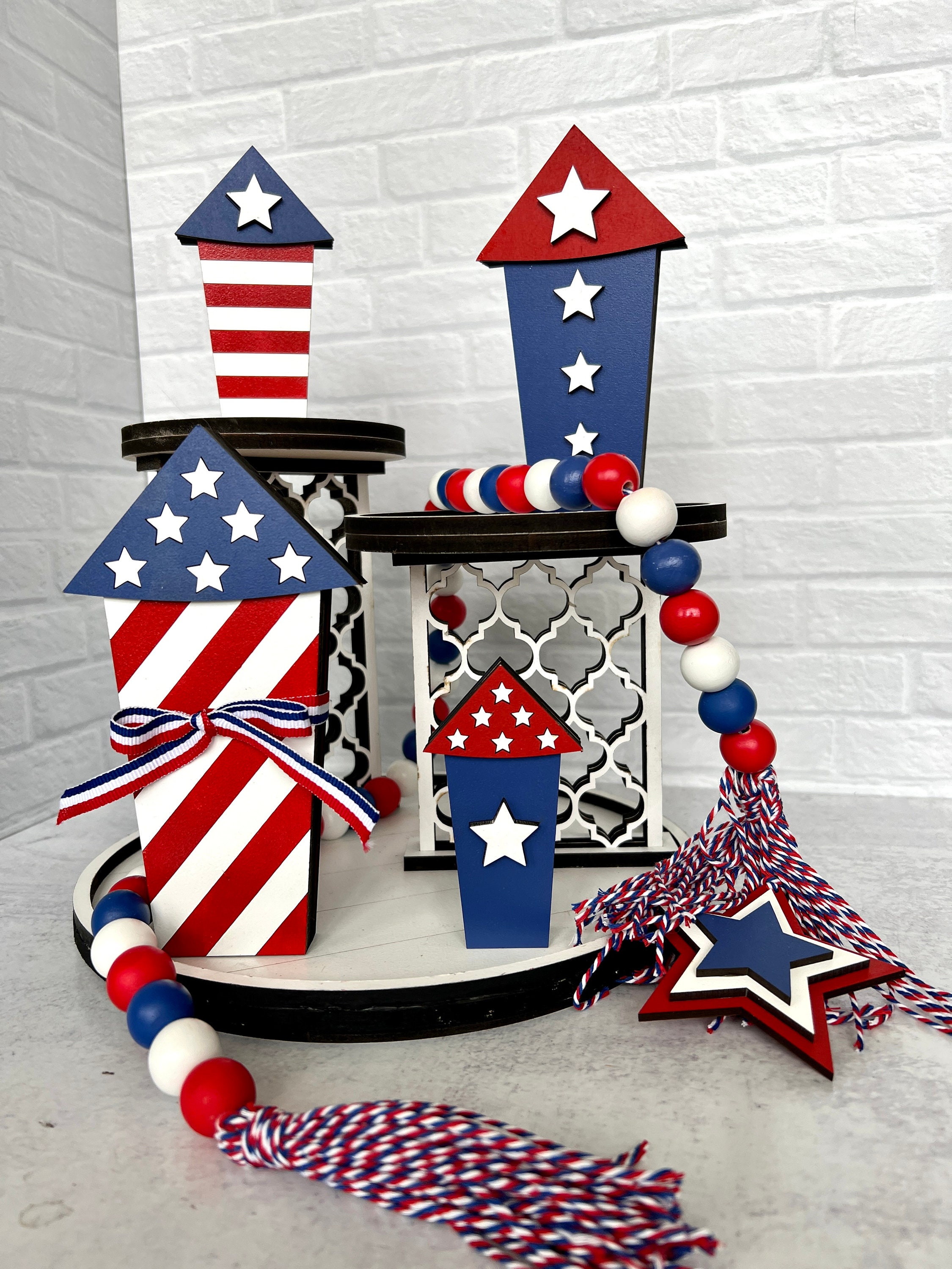 Rocket Fireworks Patriotic Decor Shelf Sitter - Hand-painted Tiered ...