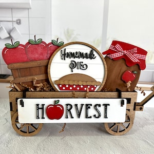 Apple Harvest Mini Sign Set – Fall Wagon Decor, Homemade Pie, Applesauce Jar, Apple Basket, Harvest Sign for Raised Shelf