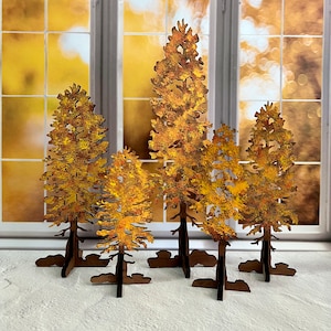 Free standing fall trees, yellow-orange, hand painted wood, autumn decor, available in 5 sizes
