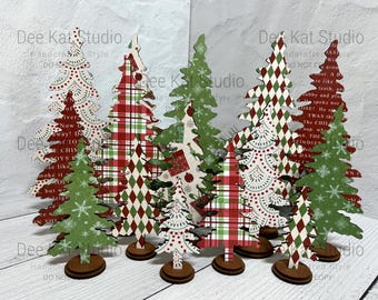 Decorative freestanding trees in 5 sizes from 4 to 10 1/2 inches, 6 design prints, Red and Green Collection One, Christmas decor