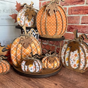 Chunky Wooden Pumpkin Shelf Sitter | Fall Decor in 4 Sizes & 3 Prints | Autumn Mantel or Tiered Tray Accent