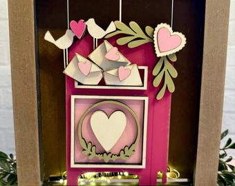 Valentine Shadow Box Insert | Farmhouse Valentine Display | Love Birds & Mailbox | Pink Valentine Decor