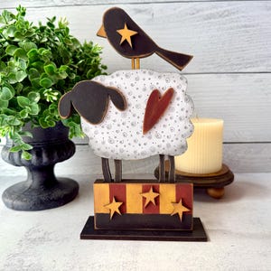 Primitive Style Stacked Sheep and Crow - Americana Farmhouse Faux Vintage Shelf Sitter - Hand-Painted Decor
