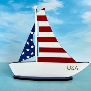 Patriotic wooden sailboat shelf sitter, stars and stripes, USA, nautical decor, personalization available