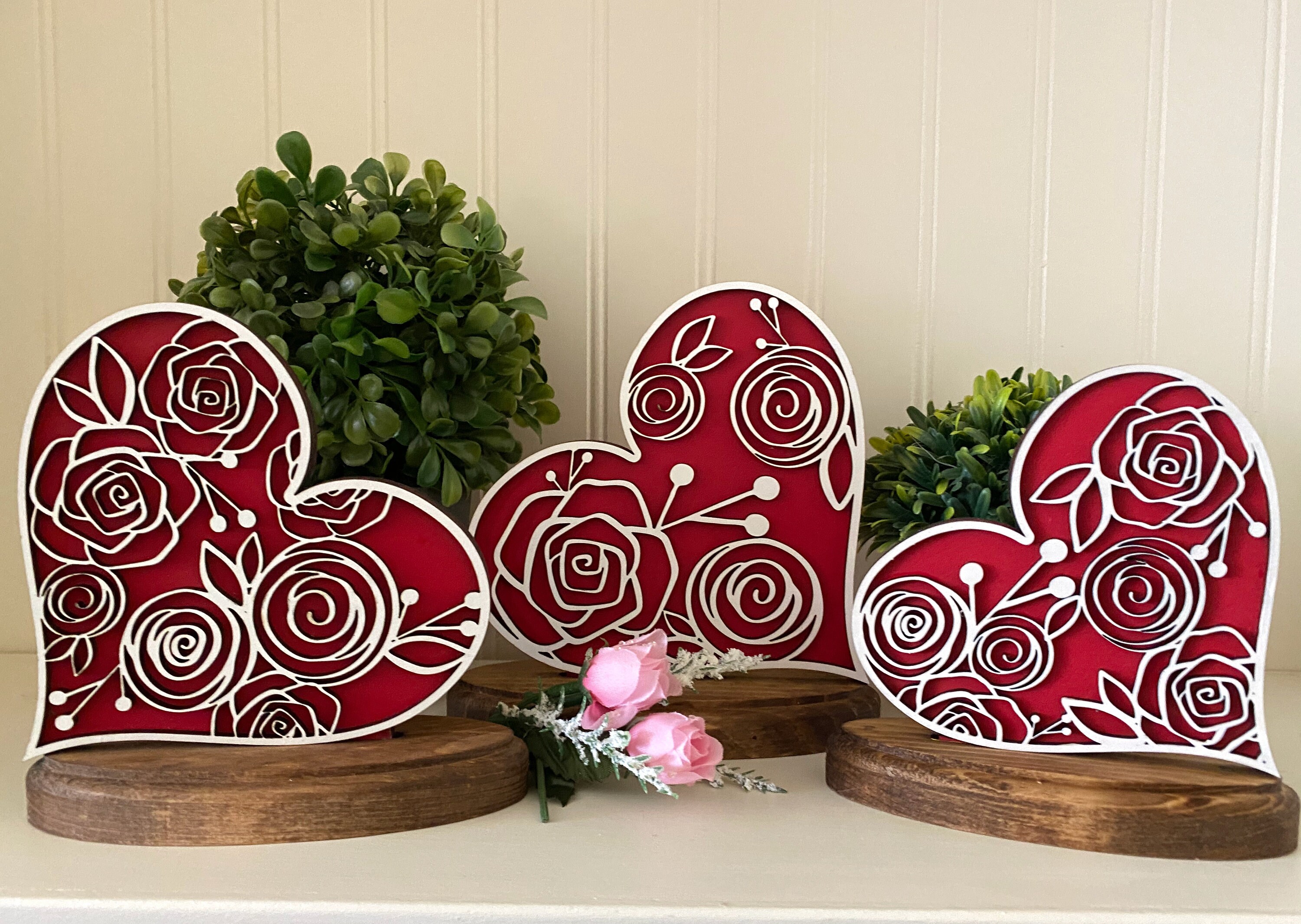 Wooden hearts in 3 sizes with multi layer laser cut floral and | Etsy
