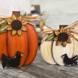Harvest pumpkins with sunflowers, crow, raffia, farmhouse style, autumn theme decor, hand painted laser cut wood