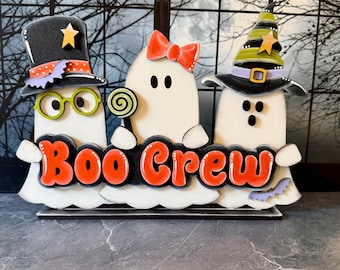 Halloween Boo Crew Ghost Shelf Sitter | Hand Painted Wooden Halloween Decor