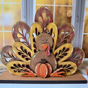 Rustic Turkey Shelf Sitter with Pumpkin – Hand Painted Fall Decor, Petal Feather Cutouts, Thanksgiving Mantel Decoration