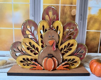 Rustic Turkey Shelf Sitter with Pumpkin – Hand Painted Fall Decor, Petal Feather Cutouts, Thanksgiving Mantel Decoration