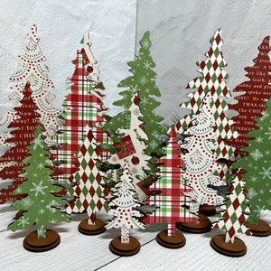 Decorative freestanding trees in 5 sizes from 4 inches to 10 1/2 inches and 6 design prints, Red and Green Collection One, Christmas decor