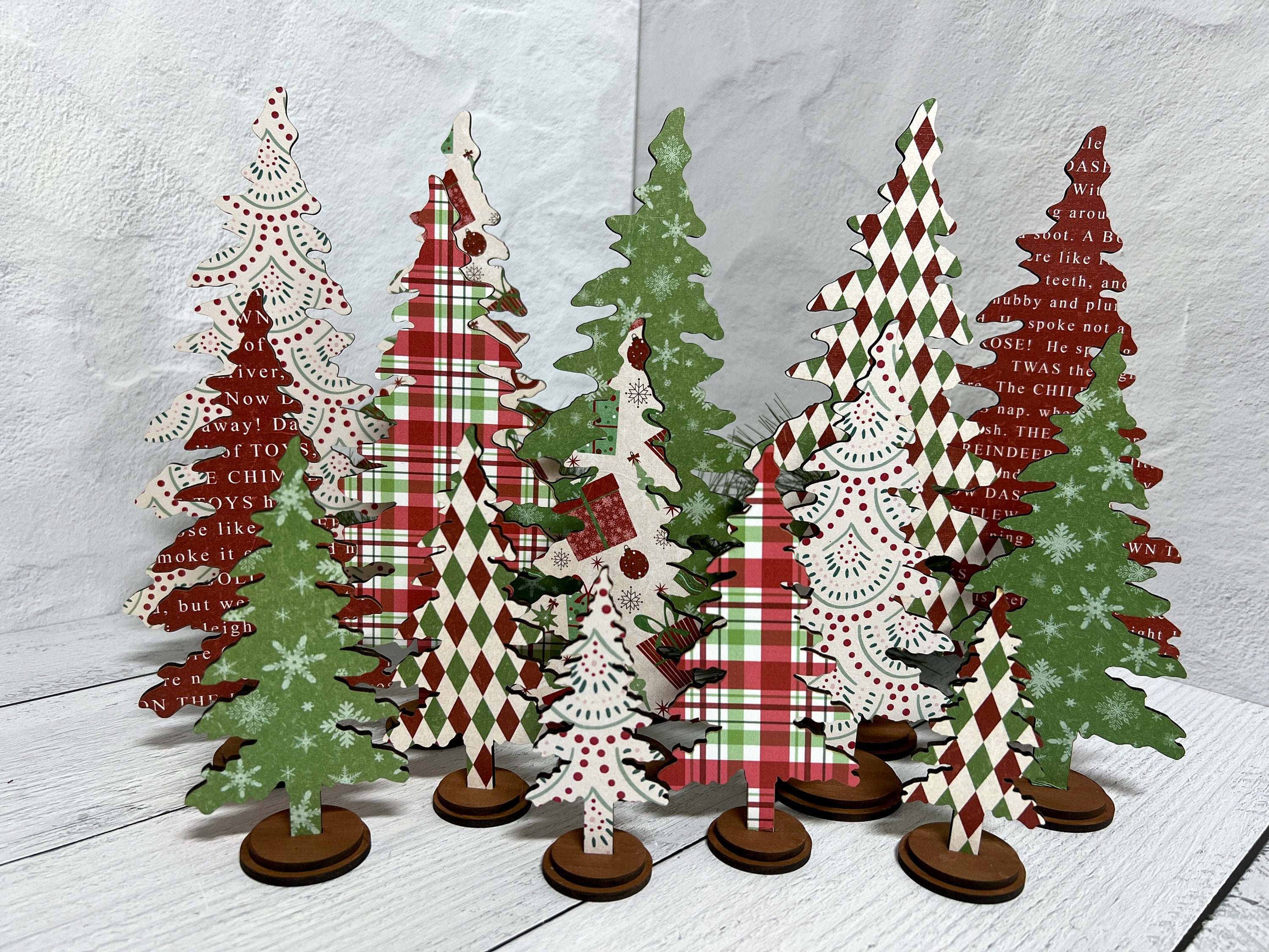 Decorative freestanding trees in 5 sizes from 4 inches to 10 1/2 inches and 6 design prints, Red and Green Collection One, Christmas decor