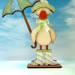Pato de primavera con sombrilla – Estantería pintada a mano – Decoración primaveral rústica de granja – Pato de madera rústico para días lluviosos