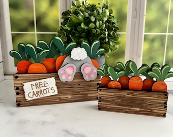 Bunny tail in crate of carrots, mini carrot crate, hand painted laser cut shelf sitter, spring Easter decor