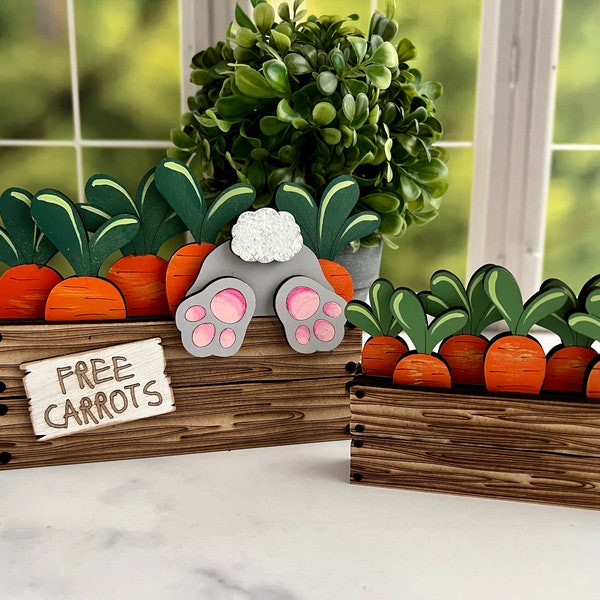 Bunny tail in crate of carrots, mini carrot crate, hand painted laser cut shelf sitter, spring Easter decor