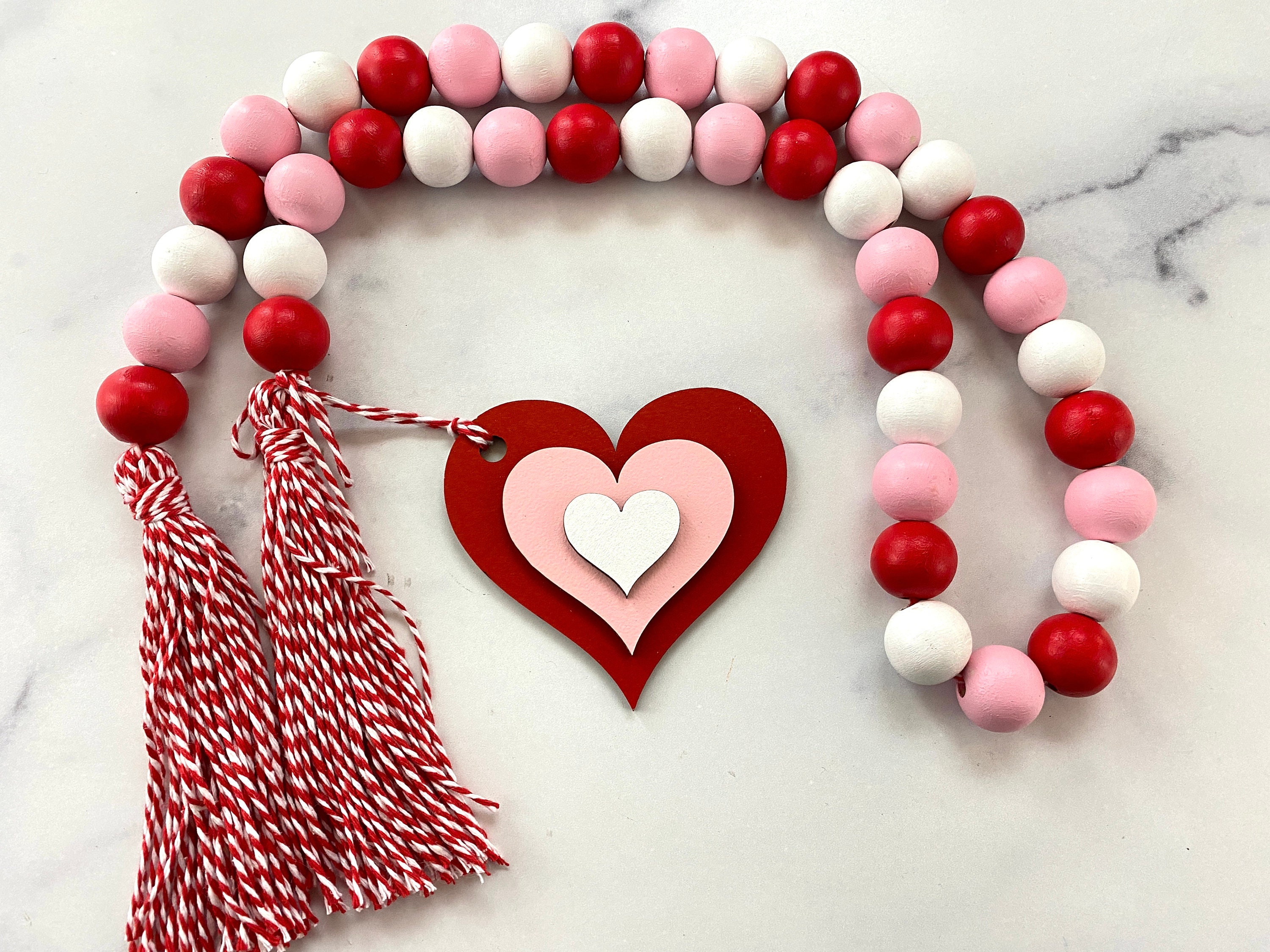 New 6' Long Wooden Beaded Garland Decor Valentines Red & Cream