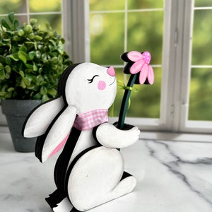 Chunky wooden bunny holding flower, hand painted shelf sitter, spring/Easter/nursery decor, sold individually image 5