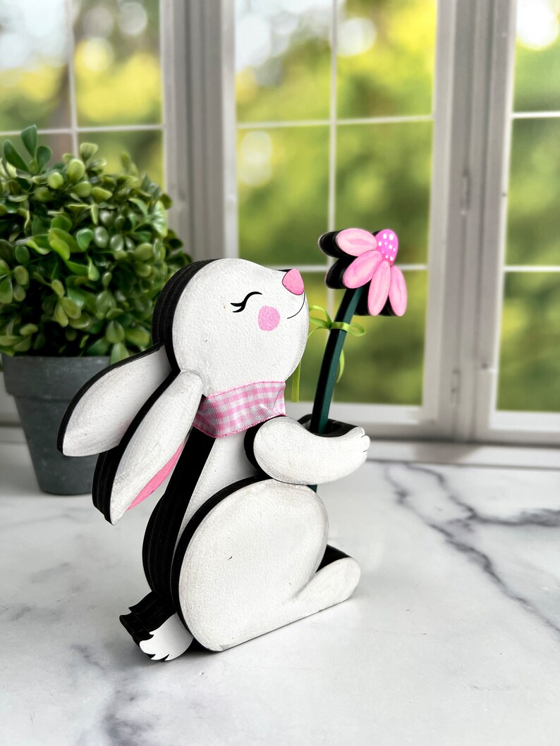 Chunky wooden bunny holding flower, hand painted shelf sitter, spring/Easter/nursery decor, sold individually image 5