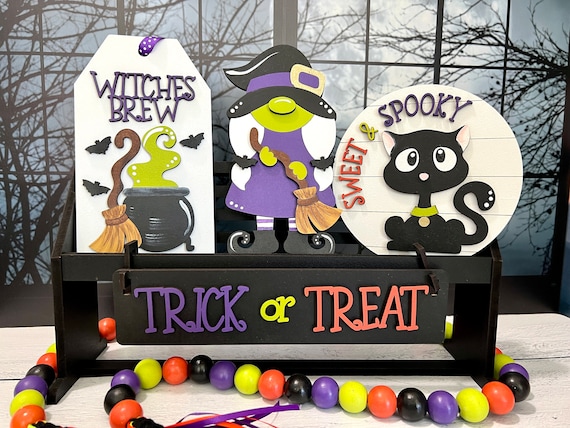 Halloween Shelf Sitter Set – Hand Painted Witches Brew, Witch, Trick or Treat Sign & Sweet and Spooky Round – Shelf Decor