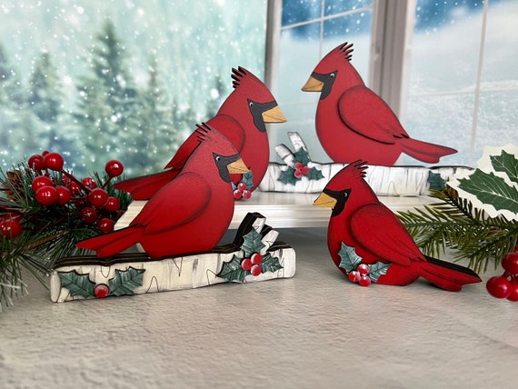 Red cardinal, single or on birch branch, holly leaves shelf sitter in two sizes, winter decor