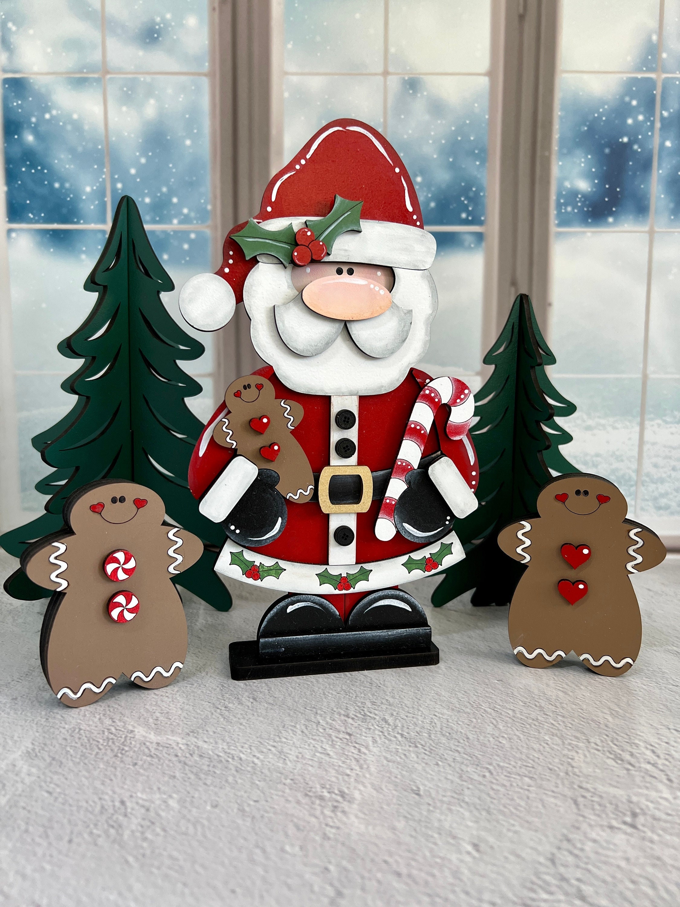 Holly Santa Hand Painted Shelf Sitter Holding Gingerbread Man and