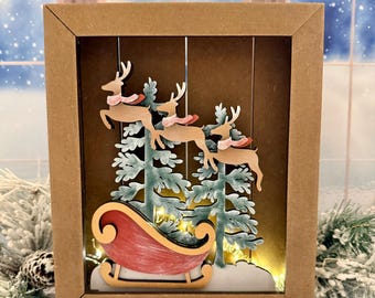 Christmas Sleigh Shadowbox Insert with Freestanding Base Options | Flying Reindeer Scene