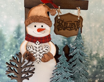 Rustic Snowman Winter Scene Shelf Sitter | Believe Sign Post | Cardinal & Snowflake Christmas Decor