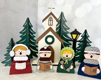 Christmas carolers, country church, lamp post, hand painted, chunky shelf sitter, mantel, tiered tray decor