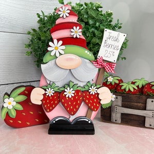 Strawberry gnome shelf sitter, summer decor, hand painted wood or unfinished for DIY