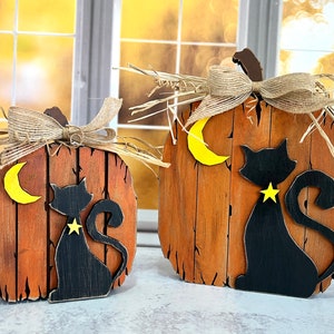Rustic pumpkin, black cat, crescent moon, hand painted wood, free standing shelf sitter, Halloween, autumn decor