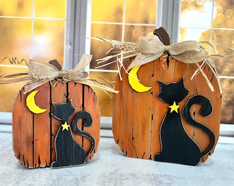 Rustic pumpkin, black cat, crescent moon, hand painted wood, free standing shelf sitter, Halloween, autumn decor