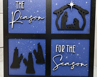 Reason for the Season 4 inch interchangeable squares, Christmas decor, Nativity evening silhouette, set of 4 squares.