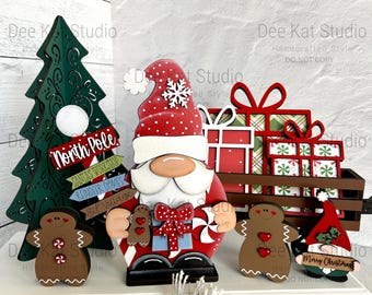 North Pole standing Santa gnome shelf sitter, hand painted Christmas decor, mantel decor