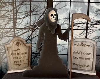 Grim Reaper spooky Halloween decor, cemetery scene shelf sitter, hand painted