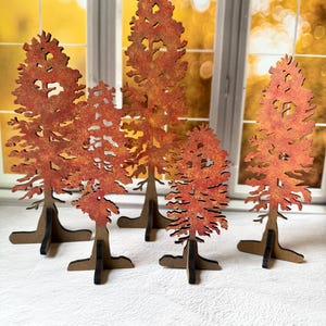 Nouveau ! Arbres autoportants rouge-orange, MDF peints à la main découpés au laser en cinq tailles