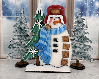 Snowman Shelf Sitter with Scrabble-Style "SNOW" Tiles | Hand Painted Wooden Christmas Decoration