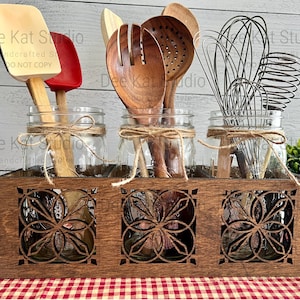 Centerpiece Box – 3 Section Farmhouse Caddy for Jars, Plants, Utensils – Rustic Tray with Finish Options