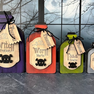 Halloween Potion Bottle Shelf Sitters – Set of 4 Hand Painted Bottles – Spooky Halloween Mantel Decor